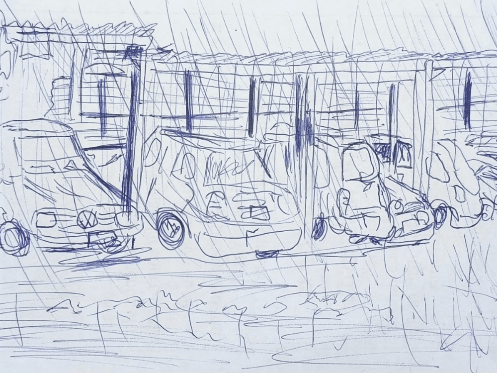 Desenho da chuva no estacionamento — início dos anos 2000