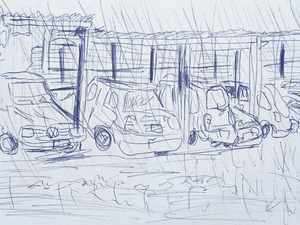 Desenho da chuva no estacionamento — início dos anos 2000
